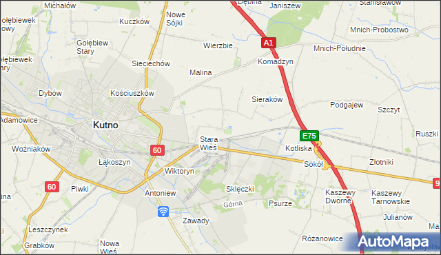 mapa Bielawki gmina Kutno, Bielawki gmina Kutno na mapie Targeo