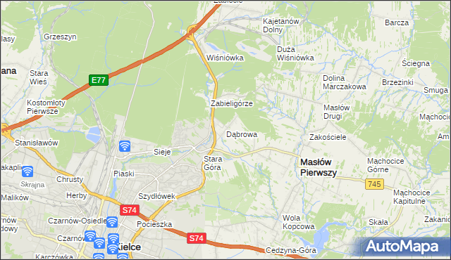 mapa Dąbrowa gmina Masłów, Dąbrowa gmina Masłów na mapie Targeo