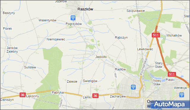 mapa Jaskółki gmina Raszków, Jaskółki gmina Raszków na mapie Targeo