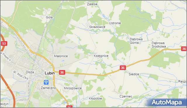 mapa Księginice gmina Lubin, Księginice gmina Lubin na mapie Targeo