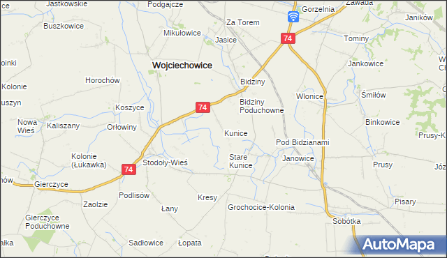 mapa Kunice gmina Wojciechowice, Kunice gmina Wojciechowice na mapie Targeo