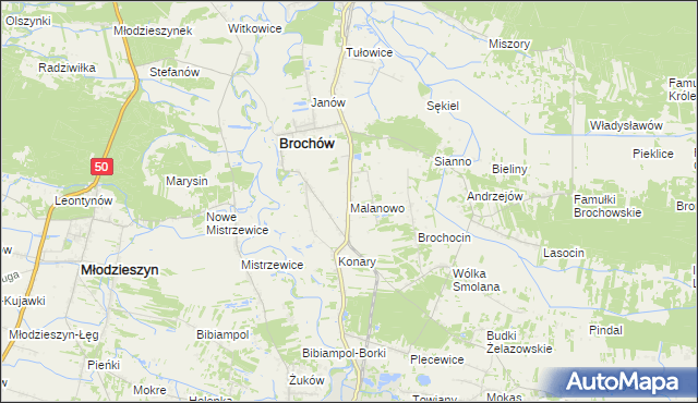 mapa Malanowo gmina Brochów, Malanowo gmina Brochów na mapie Targeo