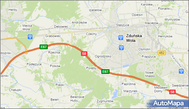 mapa Ogrodzisko gmina Zduńska Wola, Ogrodzisko gmina Zduńska Wola na mapie Targeo