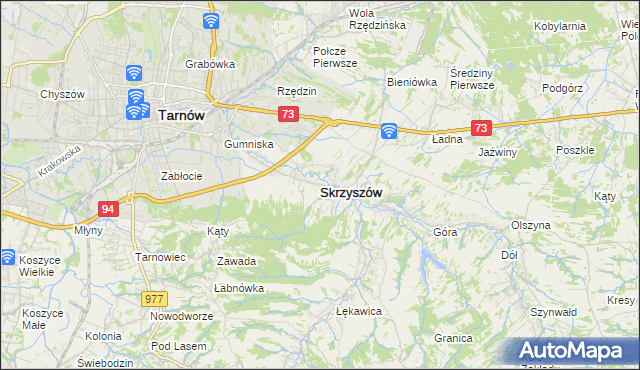 mapa Skrzyszów powiat tarnowski, Skrzyszów powiat tarnowski na mapie Targeo
