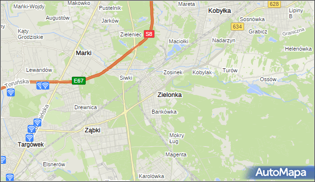 mapa Zielonka powiat wołomiński, Zielonka powiat wołomiński na mapie Targeo