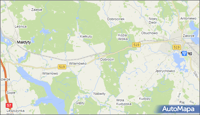 mapa Dobrocin gmina Małdyty, Dobrocin gmina Małdyty na mapie Targeo