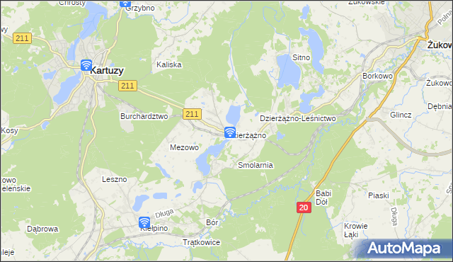 mapa Dzierżążno gmina Kartuzy, Dzierżążno gmina Kartuzy na mapie Targeo
