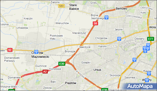 mapa Jawczyce gmina Ożarów Mazowiecki, Jawczyce gmina Ożarów Mazowiecki na mapie Targeo