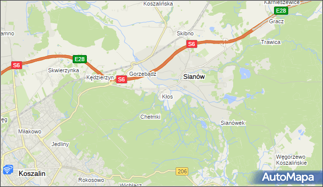 mapa Kłos gmina Sianów, Kłos gmina Sianów na mapie Targeo
