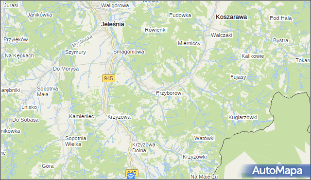 mapa Przyborów gmina Jeleśnia, Przyborów gmina Jeleśnia na mapie Targeo