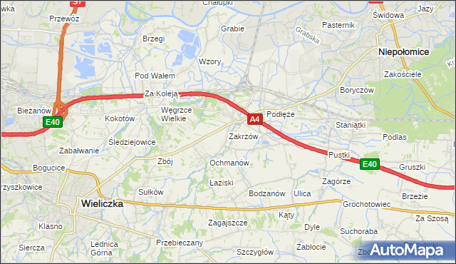 mapa Zakrzów gmina Niepołomice, Zakrzów gmina Niepołomice na mapie Targeo