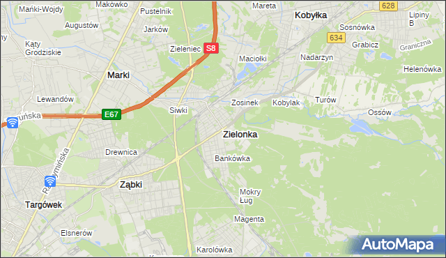 mapa Zielonka powiat wołomiński, Zielonka powiat wołomiński na mapie Targeo