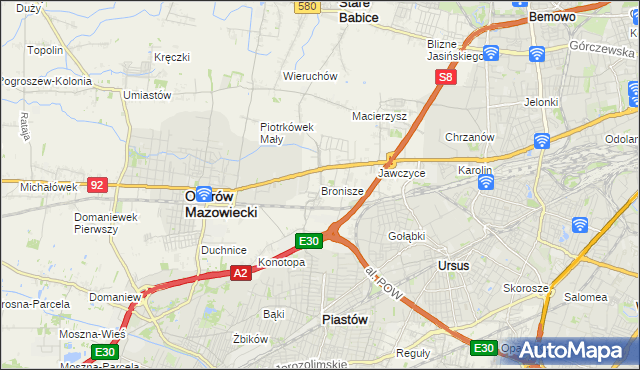 mapa Bronisze gmina Ożarów Mazowiecki, Bronisze gmina Ożarów Mazowiecki na mapie Targeo