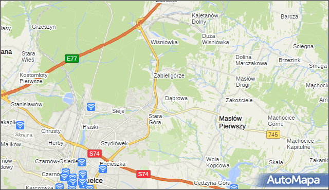 mapa Dąbrowa gmina Masłów, Dąbrowa gmina Masłów na mapie Targeo