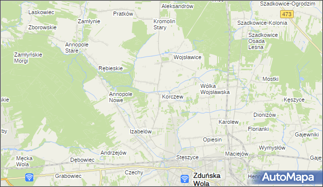 mapa Korczew gmina Zduńska Wola, Korczew gmina Zduńska Wola na mapie Targeo