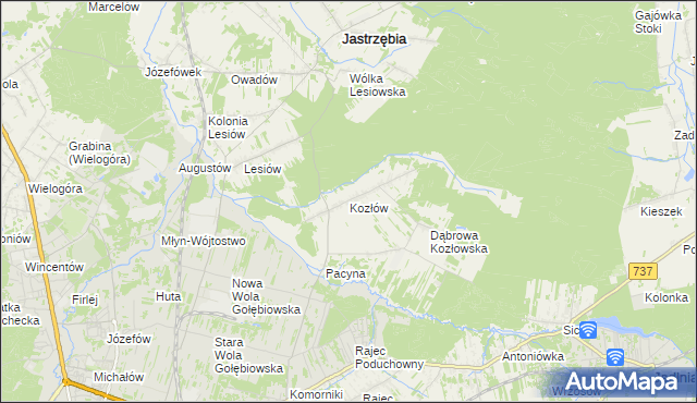 mapa Kozłów gmina Jastrzębia, Kozłów gmina Jastrzębia na mapie Targeo