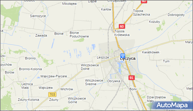 mapa Leszcze gmina Łęczyca, Leszcze gmina Łęczyca na mapie Targeo
