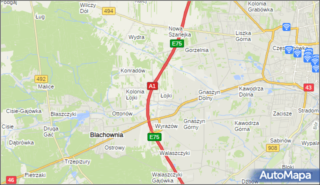 mapa Łojki gmina Blachownia, Łojki gmina Blachownia na mapie Targeo