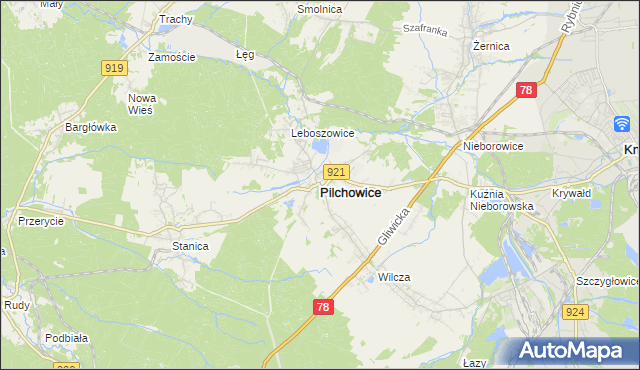 mapa Pilchowice powiat gliwicki, Pilchowice powiat gliwicki na mapie Targeo