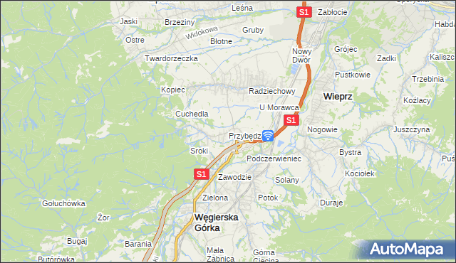 mapa Przybędza, Przybędza na mapie Targeo