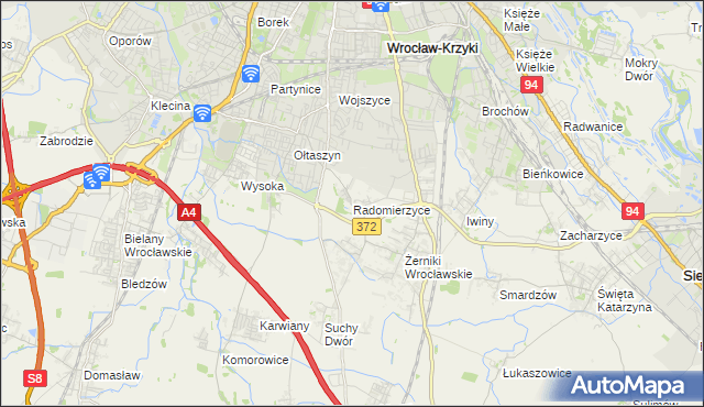 mapa Radomierzyce gmina Siechnice, Radomierzyce gmina Siechnice na mapie Targeo