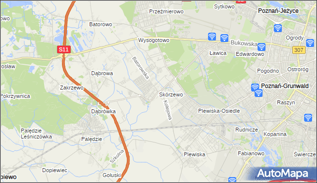 mapa Skórzewo gmina Dopiewo, Skórzewo gmina Dopiewo na mapie Targeo