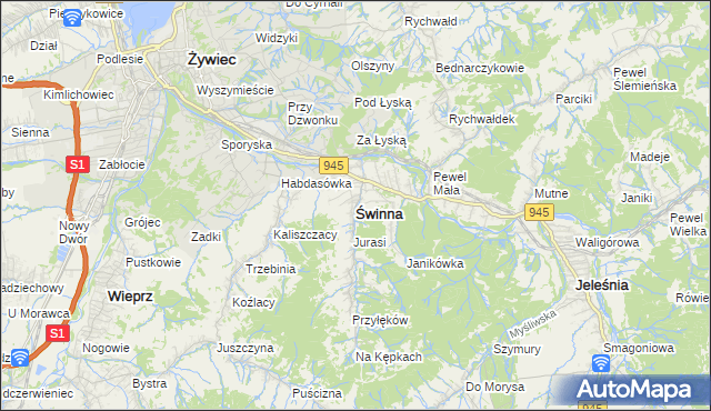 mapa Świnna powiat żywiecki, Świnna powiat żywiecki na mapie Targeo