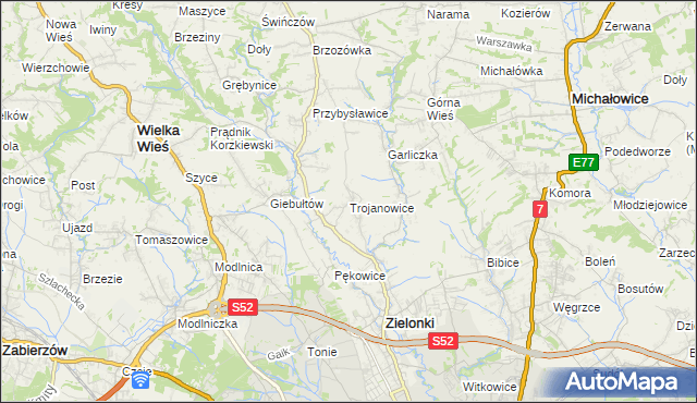 mapa Trojanowice gmina Zielonki, Trojanowice gmina Zielonki na mapie Targeo