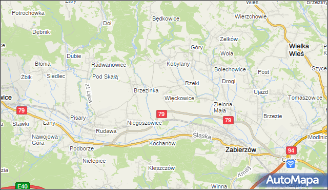 mapa Więckowice gmina Zabierzów, Więckowice gmina Zabierzów na mapie Targeo