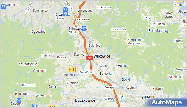 mapa Wilkowice powiat bielski, Wilkowice powiat bielski na mapie Targeo