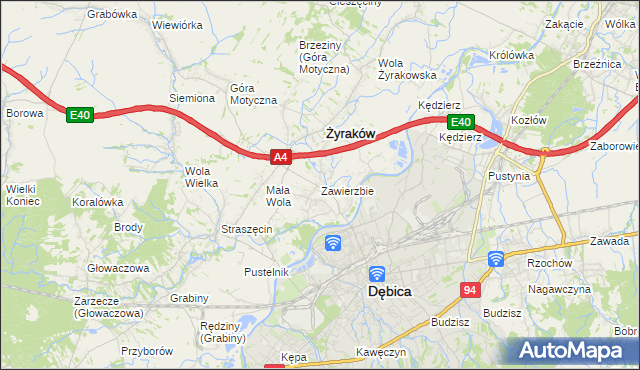 mapa Zawierzbie gmina Żyraków, Zawierzbie gmina Żyraków na mapie Targeo