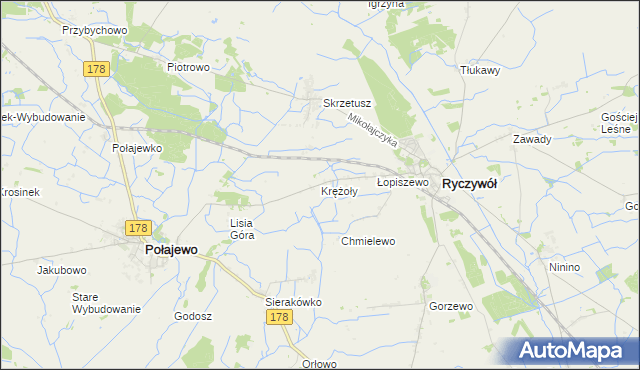 mapa Krężoły gmina Ryczywół, Krężoły gmina Ryczywół na mapie Targeo