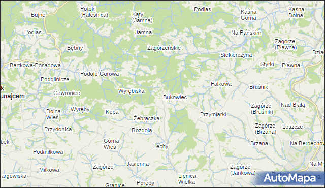 mapa Bukowiec gmina Korzenna, Bukowiec gmina Korzenna na mapie Targeo