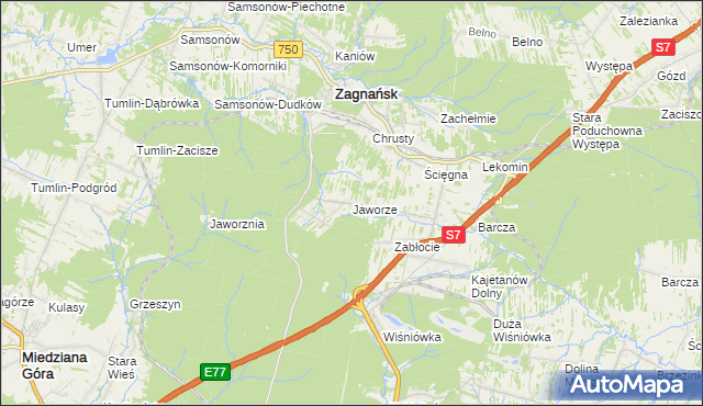 mapa Jaworze gmina Zagnańsk, Jaworze gmina Zagnańsk na mapie Targeo