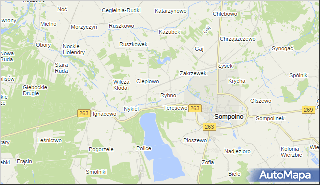 mapa Rybno gmina Wierzbinek, Rybno gmina Wierzbinek na mapie Targeo