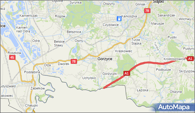 mapa Gorzyce powiat wodzisławski, Gorzyce powiat wodzisławski na mapie Targeo