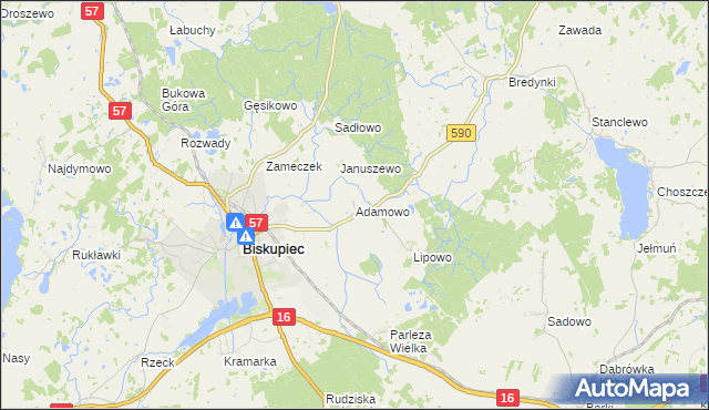 mapa Adamowo gmina Biskupiec, Adamowo gmina Biskupiec na mapie Targeo