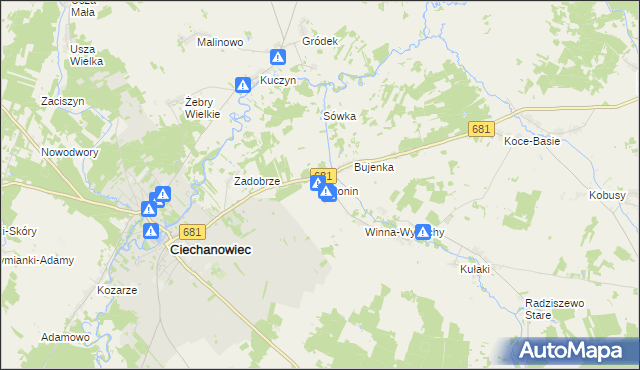 mapa Antonin gmina Ciechanowiec, Antonin gmina Ciechanowiec na mapie Targeo