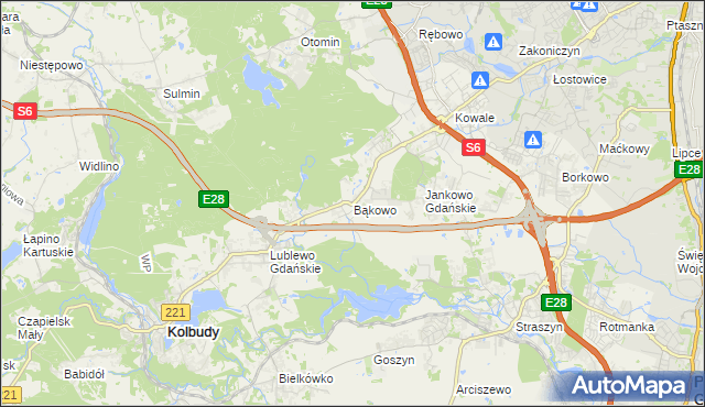 mapa Bąkowo gmina Kolbudy, Bąkowo gmina Kolbudy na mapie Targeo