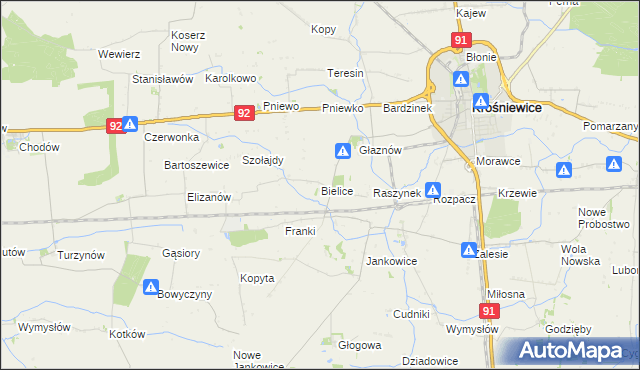 mapa Bielice gmina Krośniewice, Bielice gmina Krośniewice na mapie Targeo