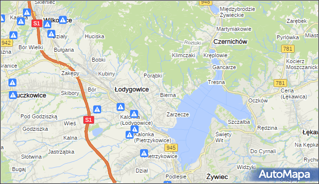 mapa Bierna gmina Łodygowice, Bierna gmina Łodygowice na mapie Targeo