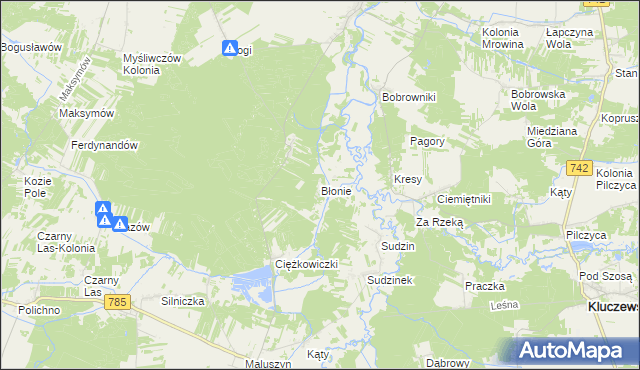 mapa Błonie gmina Wielgomłyny, Błonie gmina Wielgomłyny na mapie Targeo