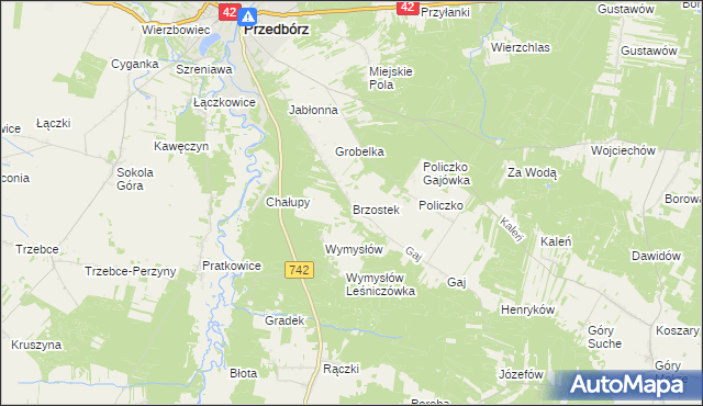 mapa Brzostek gmina Przedbórz, Brzostek gmina Przedbórz na mapie Targeo