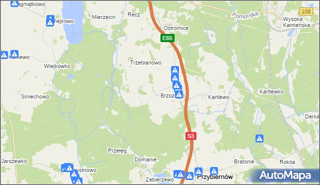 mapa Brzozowo gmina Przybiernów, Brzozowo gmina Przybiernów na mapie Targeo