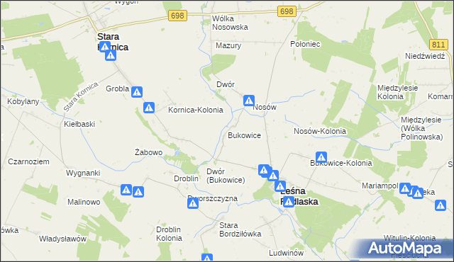 mapa Bukowice gmina Leśna Podlaska, Bukowice gmina Leśna Podlaska na mapie Targeo