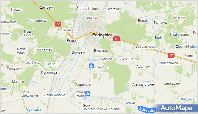 mapa Byczyna gmina Poddębice, Byczyna gmina Poddębice na mapie Targeo