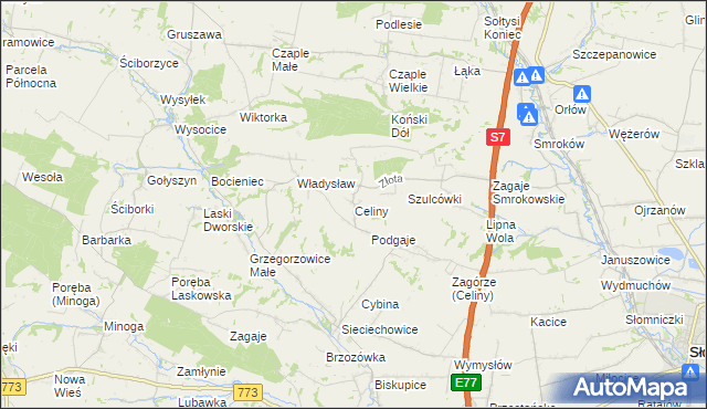 mapa Celiny gmina Iwanowice, Celiny gmina Iwanowice na mapie Targeo