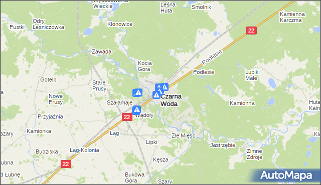 mapa Czarna Woda powiat starogardzki, Czarna Woda powiat starogardzki na mapie Targeo