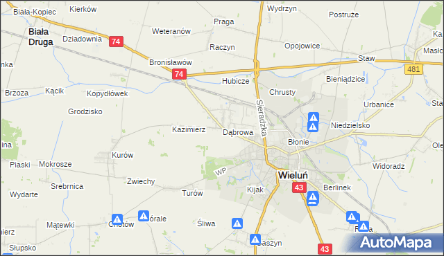 mapa Dąbrowa gmina Wieluń, Dąbrowa gmina Wieluń na mapie Targeo