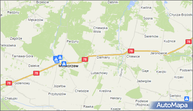 mapa Damiany gmina Moskorzew, Damiany gmina Moskorzew na mapie Targeo